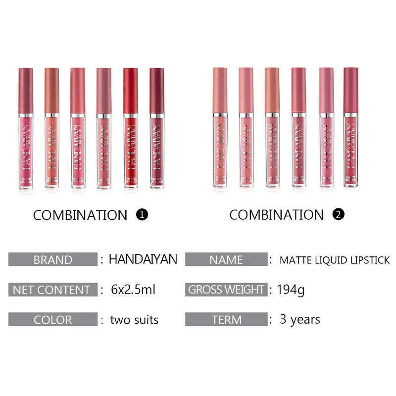 KIMLUD, HANDAIYAN Lipstick 6 Colors Makeup Lip gloss Matte Moisturizing Waterproof Long Lasting Lipstick, KIMLUD Womens Clothes