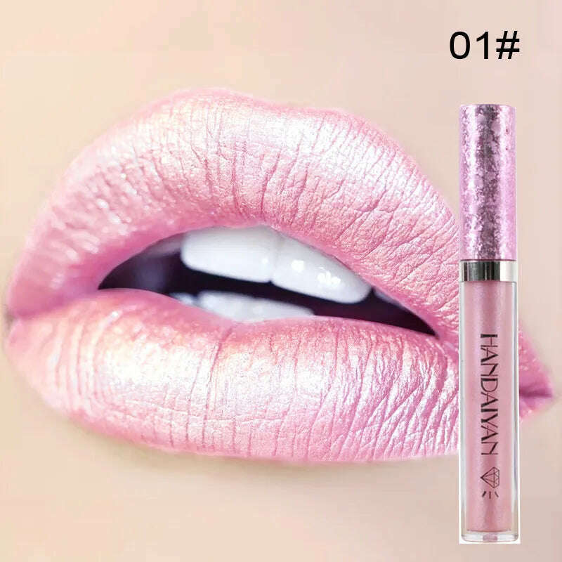 KIMLUD, HANDAIYAN Metallic Glitter Matte Liquid Lipstick Lips Makeup Mate Shine Lip Gloss Women Cosmetics Waterproof Lipgloss Cream Tint, 01, KIMLUD Womens Clothes