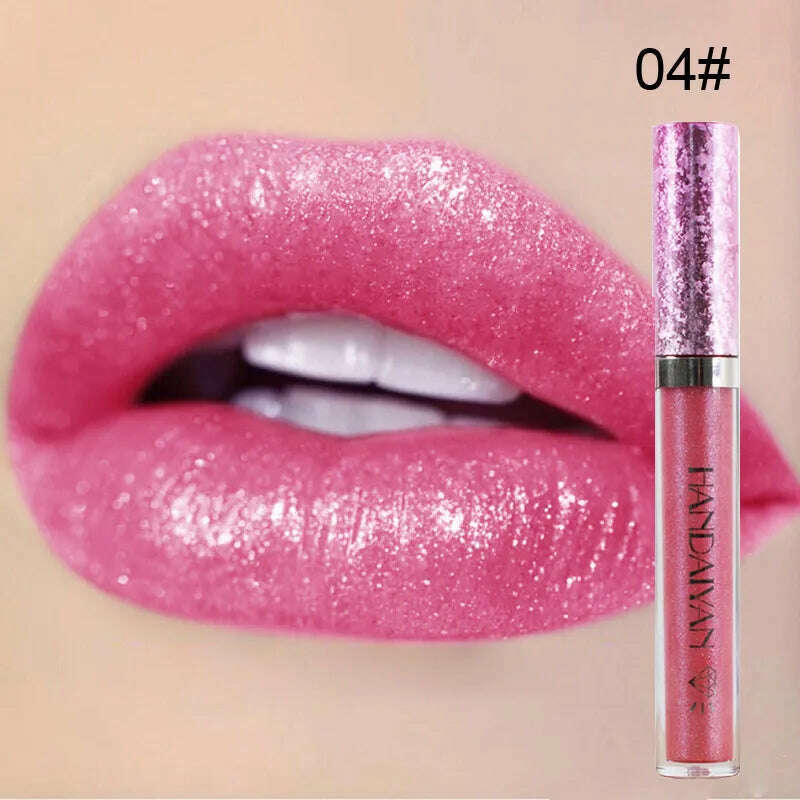 KIMLUD, HANDAIYAN Metallic Glitter Matte Liquid Lipstick Lips Makeup Mate Shine Lip Gloss Women Cosmetics Waterproof Lipgloss Cream Tint, 04, KIMLUD Womens Clothes