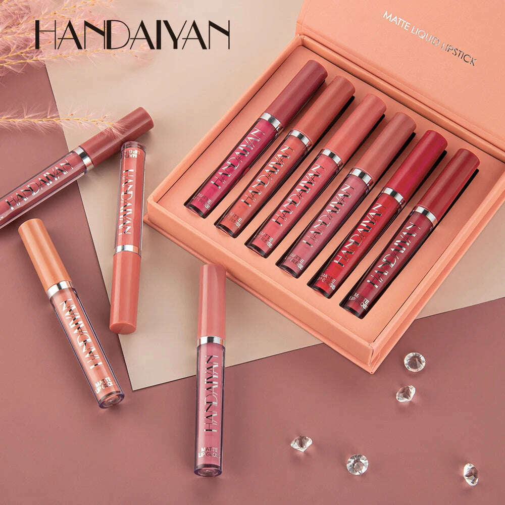 HANDAIYAN Set of 6 NonStick Cup Liquid lipstick , Long-Lasting Lip Gloss Gift Box – Matte Finish Lip Gloss, Resistant to Fading - KIMLUD