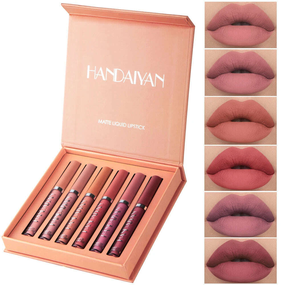 HANDAIYAN Set of 6 NonStick Cup Liquid lipstick , Long-Lasting Lip Gloss Gift Box – Matte Finish Lip Gloss, Resistant to Fading - KIMLUD