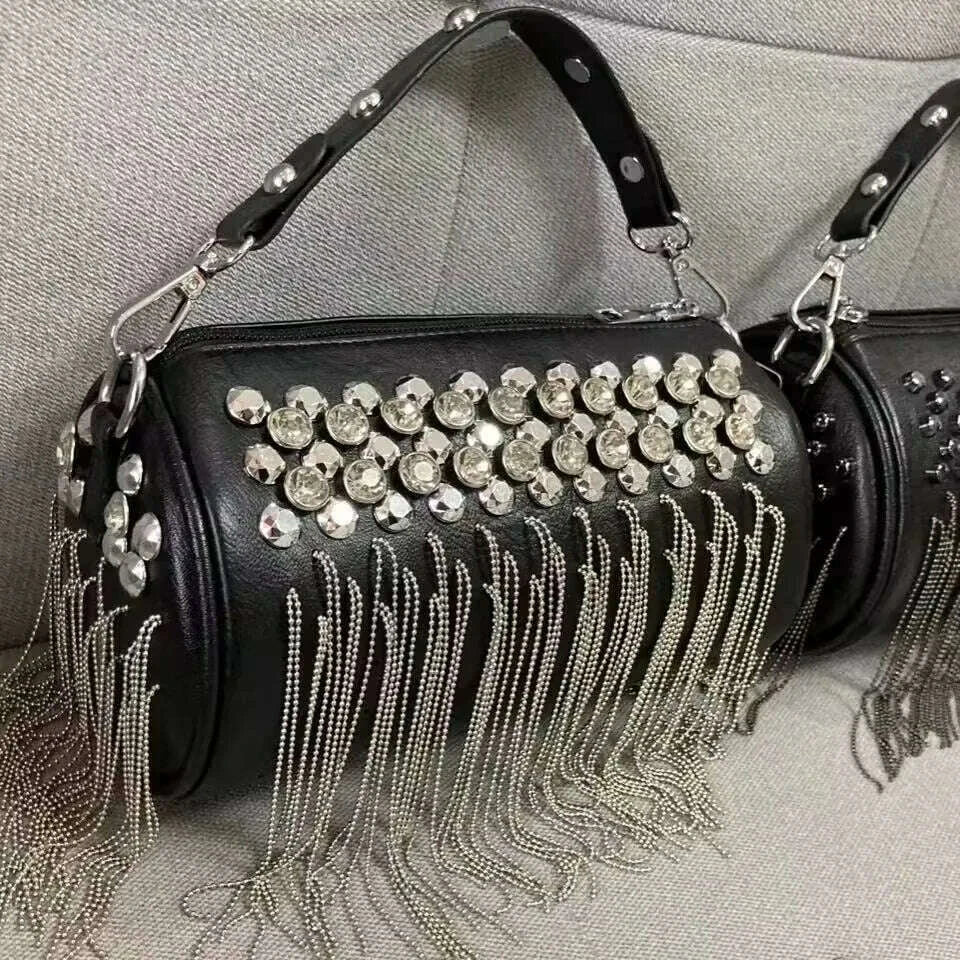 Handbag Mini Tassel Rivet Bucket Bag - Black | KIMLUD