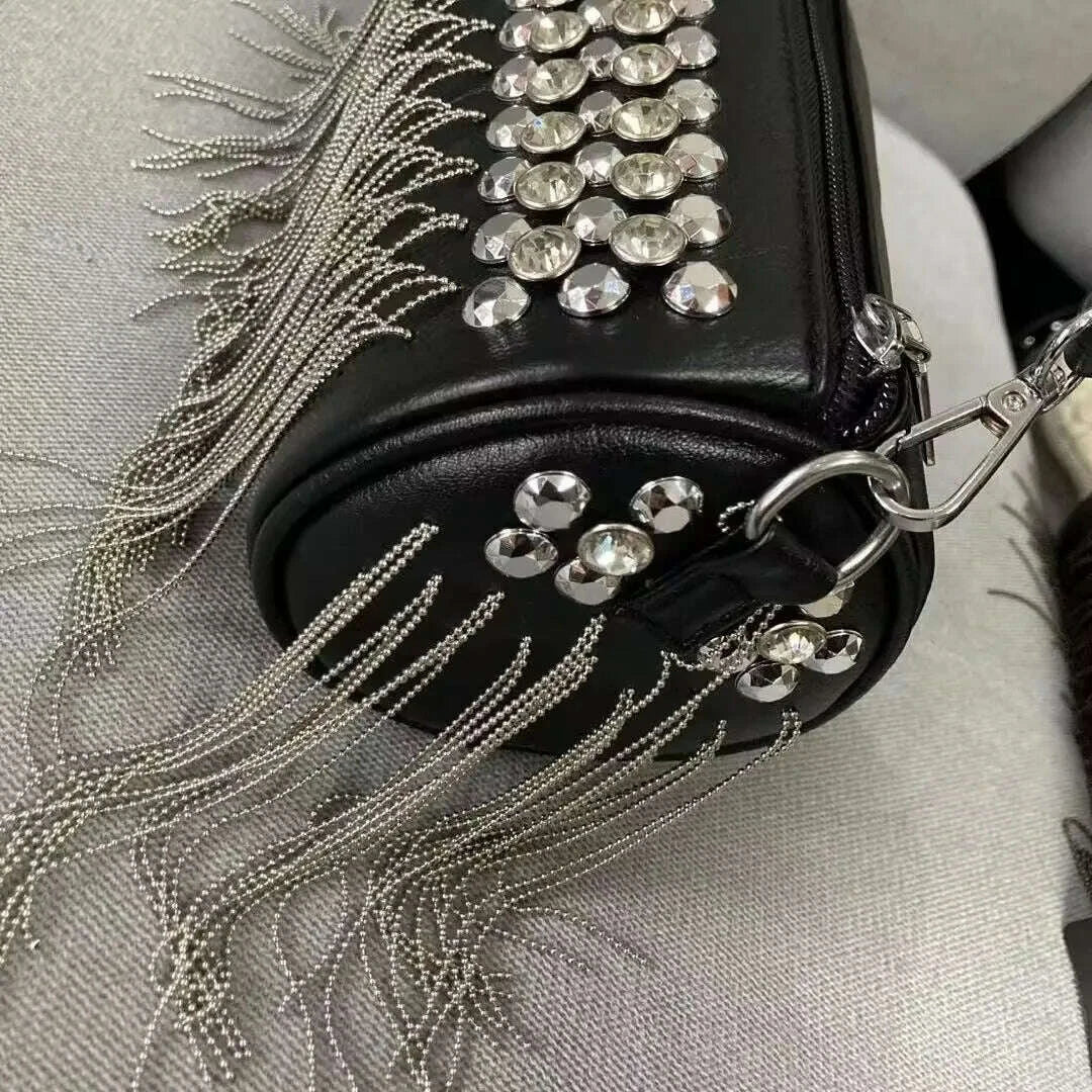 Handbag Mini Tassel Rivet Bucket Bag - Black | KIMLUD