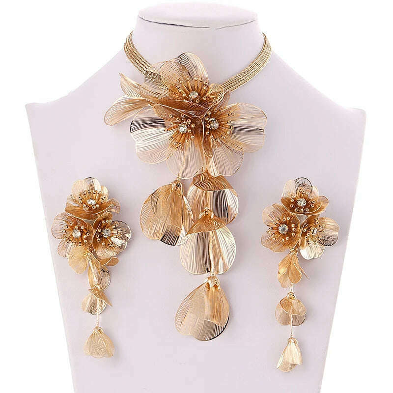 KIMLUD, Handmade Copper Flower Necklace and Earrings Set Fashion Gold Color Jewelry Sets for Women Accessories Trendy Party Gifts, Gold-color, KIMLUD Womens Clothes