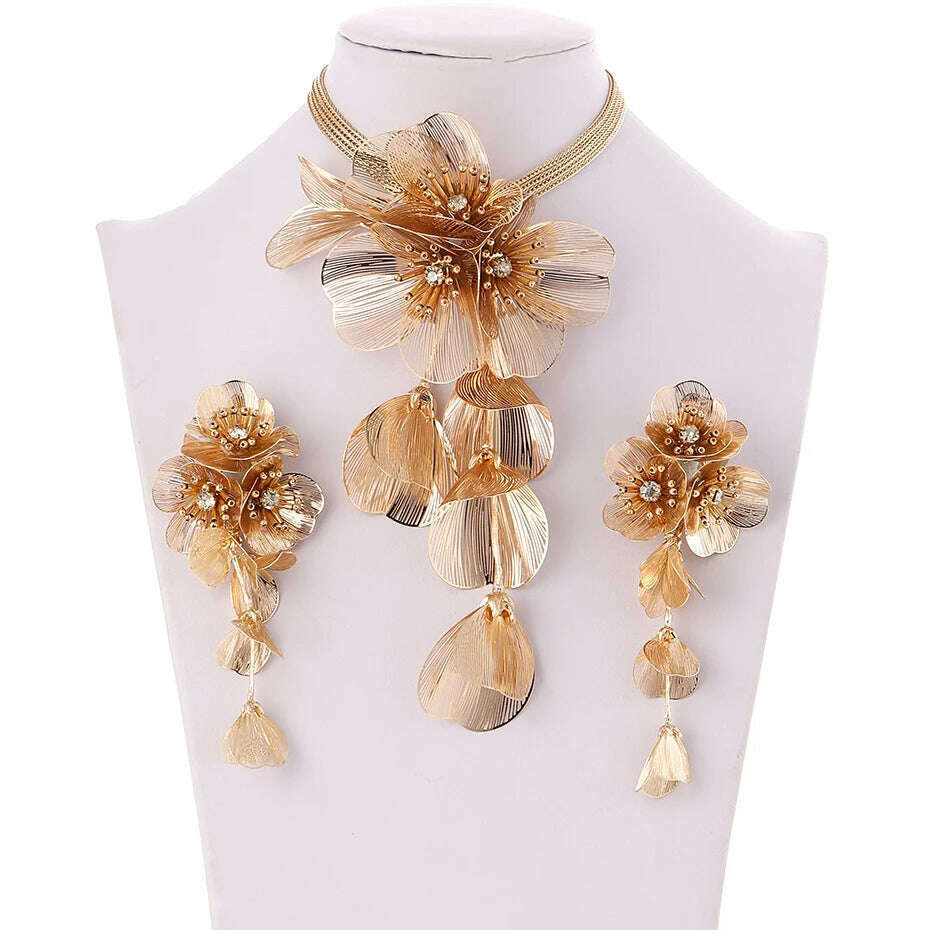KIMLUD, Handmade Copper Flower Necklace and Earrings Set Fashion Gold Color Jewelry Sets for Women Accessories Trendy Party Gifts, KIMLUD Womens Clothes
