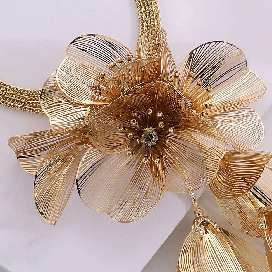KIMLUD, Handmade Copper Flower Necklace and Earrings Set Fashion Gold Color Jewelry Sets for Women Accessories Trendy Party Gifts, KIMLUD Womens Clothes