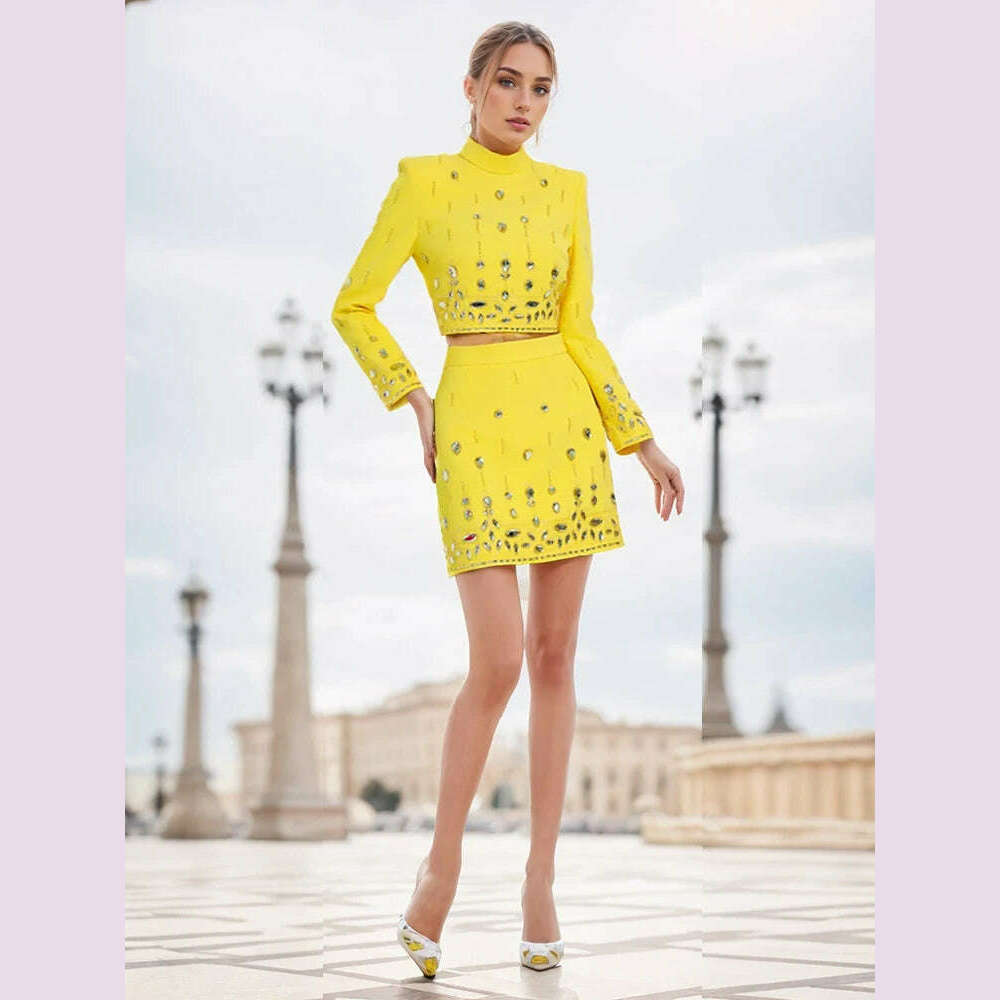 KIMLUD, Handmade Diamond Skirt Suits Women 2023 Fashion New Nail Bead Inlaid Diamond Yellow Short Top Skirt Set Two Piece Set Outfits, KIMLUD Womens Clothes