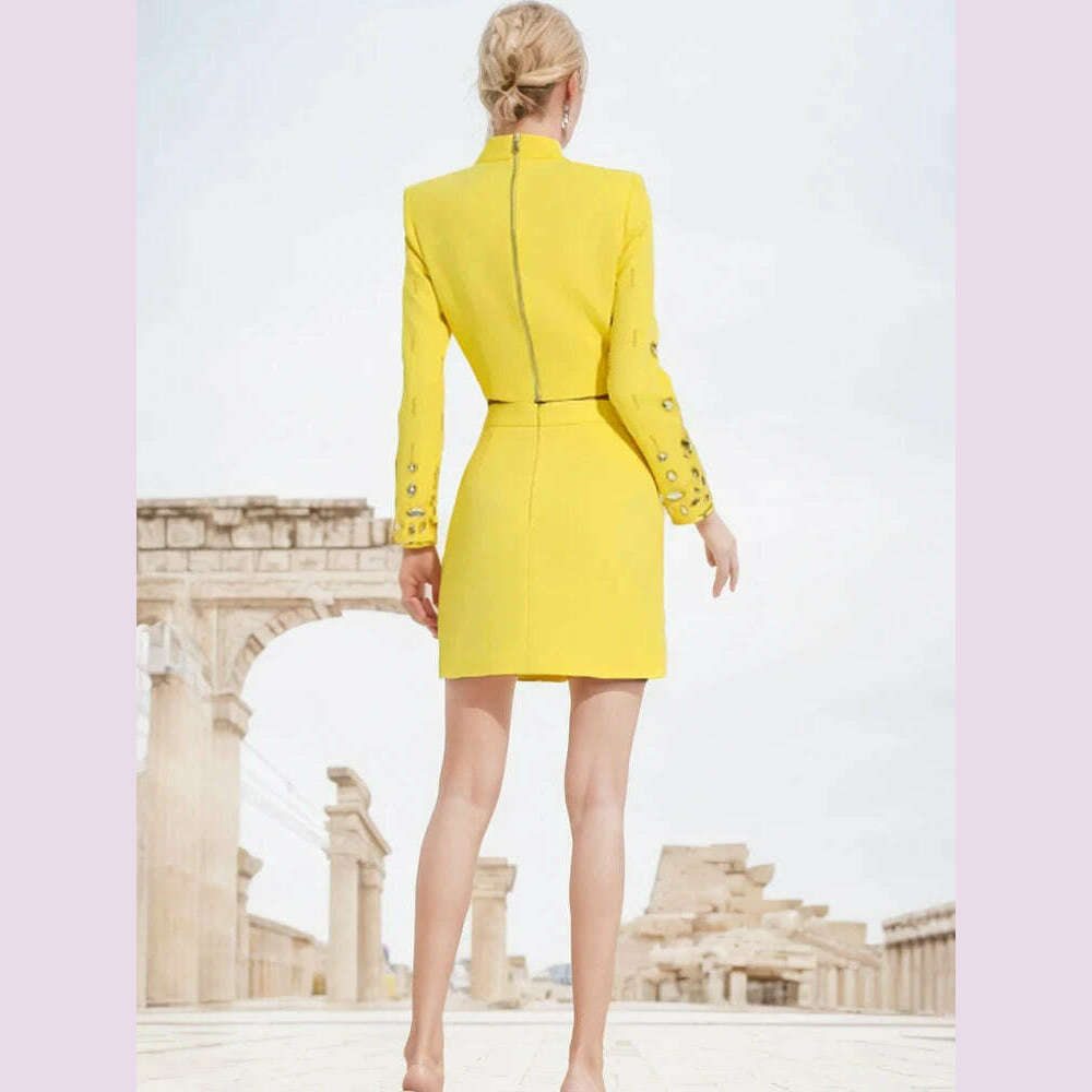 KIMLUD, Handmade Diamond Skirt Suits Women 2023 Fashion New Nail Bead Inlaid Diamond Yellow Short Top Skirt Set Two Piece Set Outfits, KIMLUD Womens Clothes
