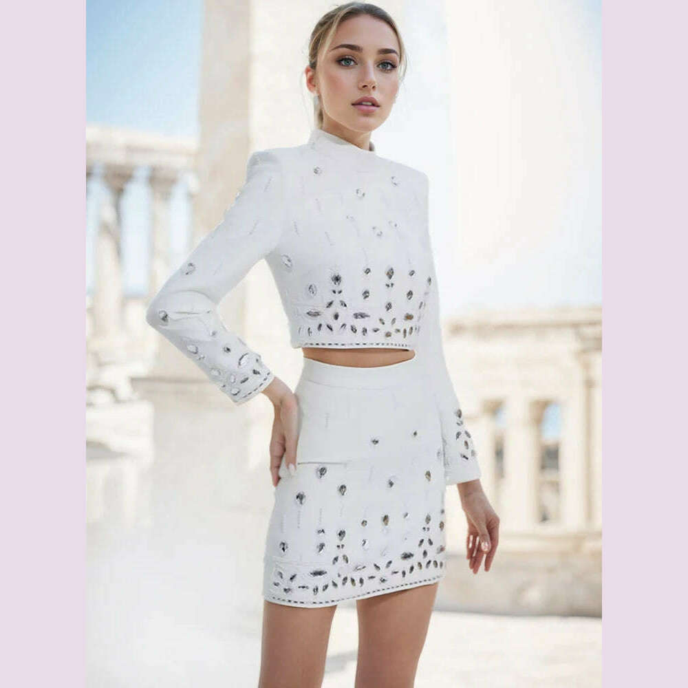 KIMLUD, Handmade Diamond Skirt Suits Women 2023 Fashion New Nail Bead Inlaid Diamond Yellow Short Top Skirt Set Two Piece Set Outfits, KIMLUD Womens Clothes