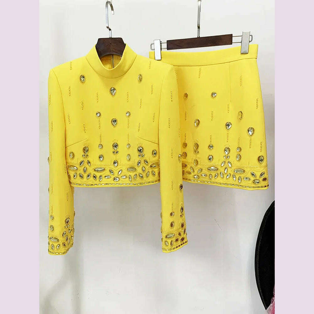 KIMLUD, Handmade Diamond Skirt Suits Women 2023 Fashion New Nail Bead Inlaid Diamond Yellow Short Top Skirt Set Two Piece Set Outfits, KIMLUD Womens Clothes