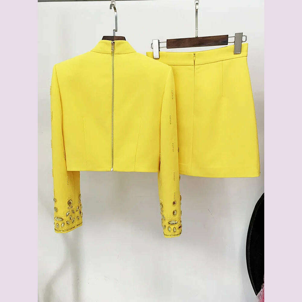 KIMLUD, Handmade Diamond Skirt Suits Women 2023 Fashion New Nail Bead Inlaid Diamond Yellow Short Top Skirt Set Two Piece Set Outfits, KIMLUD Womens Clothes