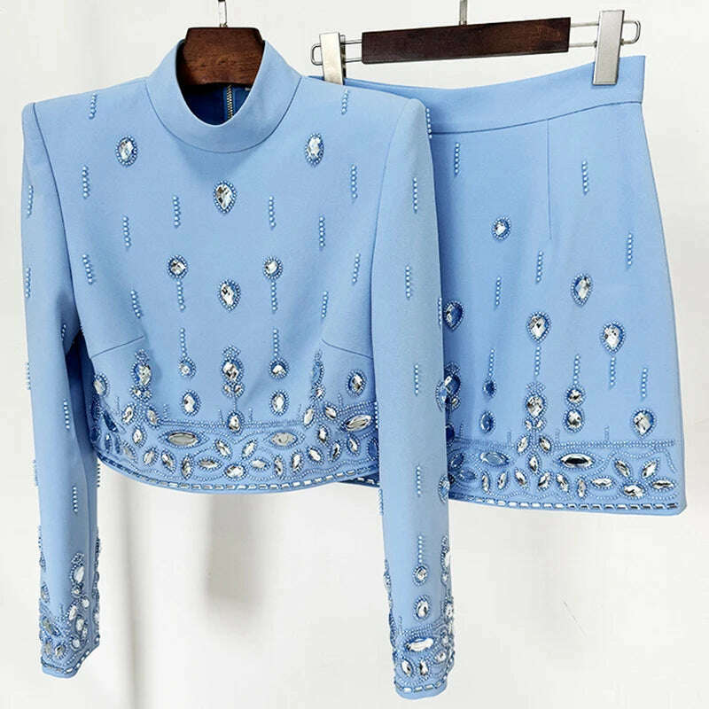 KIMLUD, Handmade Diamond Skirt Suits Women 2023 Fashion New Nail Bead Inlaid Diamond Yellow Short Top Skirt Set Two Piece Set Outfits, blue set / XL(US8), KIMLUD APPAREL - Womens Clothes