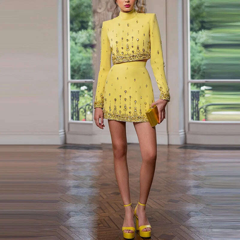 KIMLUD, Handmade Diamond Skirt Suits Women 2023 Fashion New Nail Bead Inlaid Diamond Yellow Short Top Skirt Set Two Piece Set Outfits, two pieces set / XXL(US10), KIMLUD APPAREL - Womens Clothes