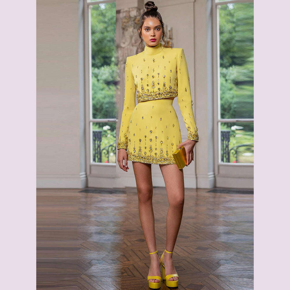 KIMLUD, Handmade Diamond Skirt Suits Women 2023 Fashion New Nail Bead Inlaid Diamond Yellow Short Top Skirt Set Two Piece Set Outfits, KIMLUD Womens Clothes