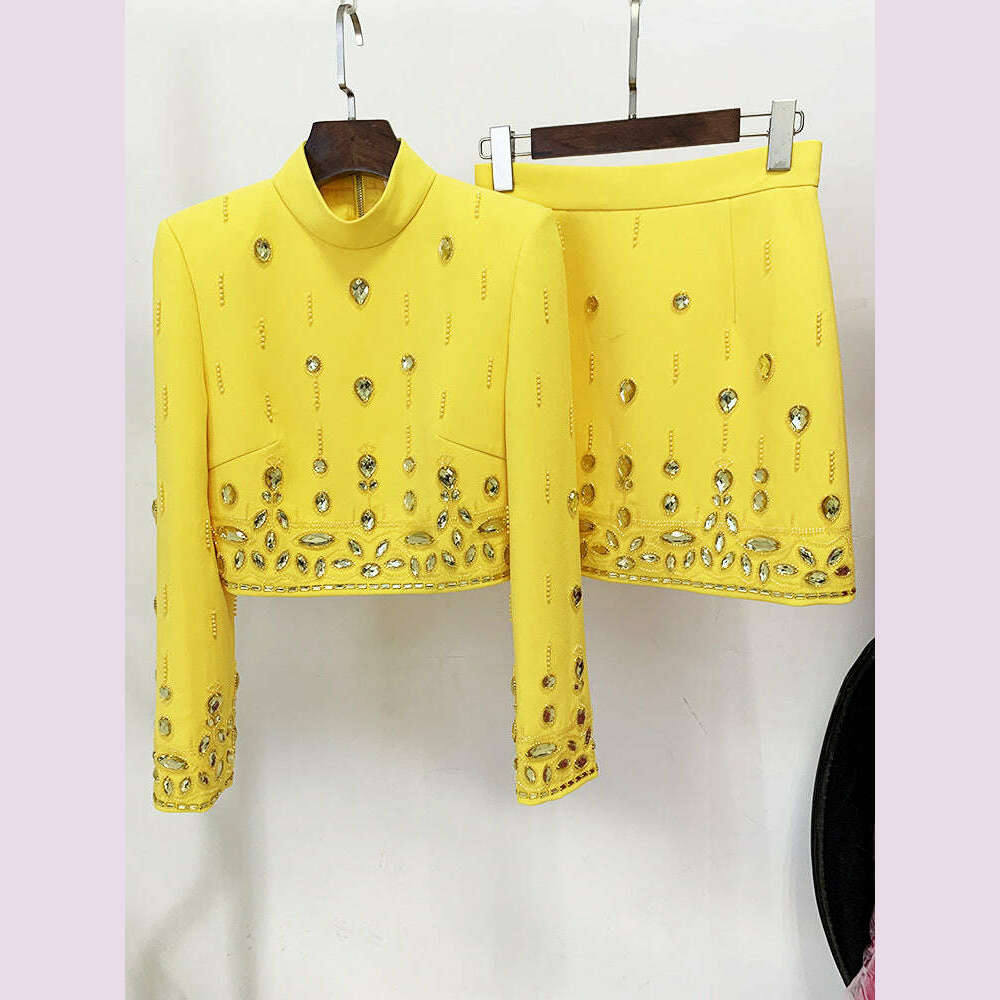KIMLUD, Handmade Diamond Skirt Suits Women 2023 Fashion New Nail Bead Inlaid Diamond Yellow Short Top Skirt Set Two Piece Set Outfits, KIMLUD Womens Clothes