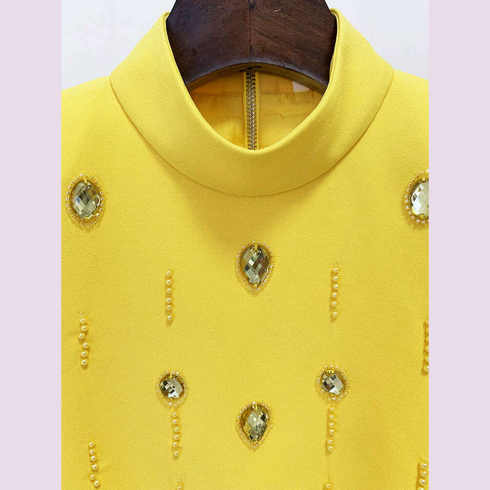KIMLUD, Handmade Diamond Skirt Suits Women 2023 Fashion New Nail Bead Inlaid Diamond Yellow Short Top Skirt Set Two Piece Set Outfits, KIMLUD Womens Clothes