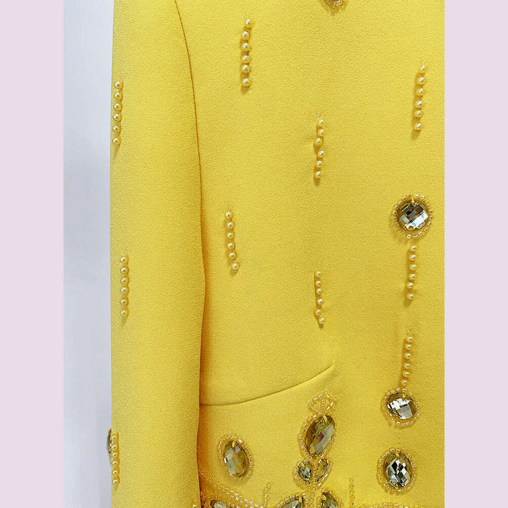 KIMLUD, Handmade Diamond Skirt Suits Women 2023 Fashion New Nail Bead Inlaid Diamond Yellow Short Top Skirt Set Two Piece Set Outfits, KIMLUD Womens Clothes