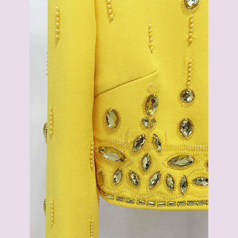 KIMLUD, Handmade Diamond Skirt Suits Women 2023 Fashion New Nail Bead Inlaid Diamond Yellow Short Top Skirt Set Two Piece Set Outfits, KIMLUD Womens Clothes