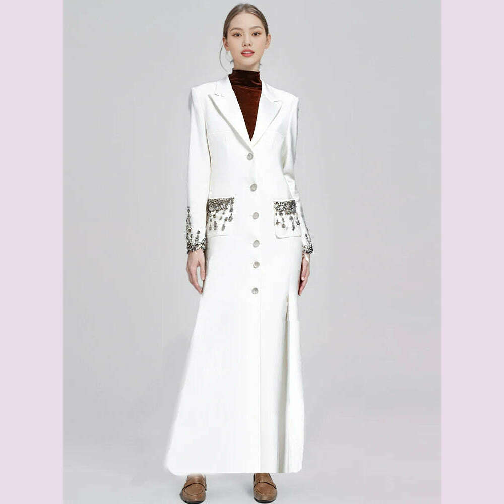 Handmade Studded Diamond Crystal Suit Collar Dress Fish Tail Black Floor Length Suit Collar Maxi Dresses for Women Wedding 2024 - KIMLUD