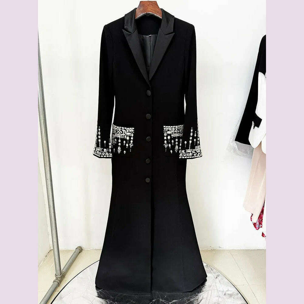 Handmade Studded Diamond Crystal Suit Collar Dress Fish Tail Black Floor Length Suit Collar Maxi Dresses for Women Wedding 2024 - KIMLUD