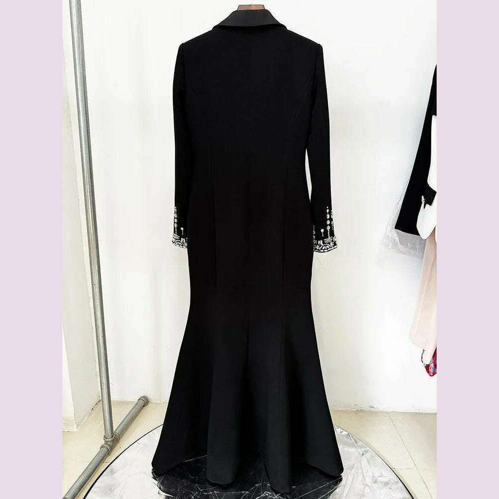 Handmade Studded Diamond Crystal Suit Collar Dress Fish Tail Black Floor Length Suit Collar Maxi Dresses for Women Wedding 2024 - KIMLUD