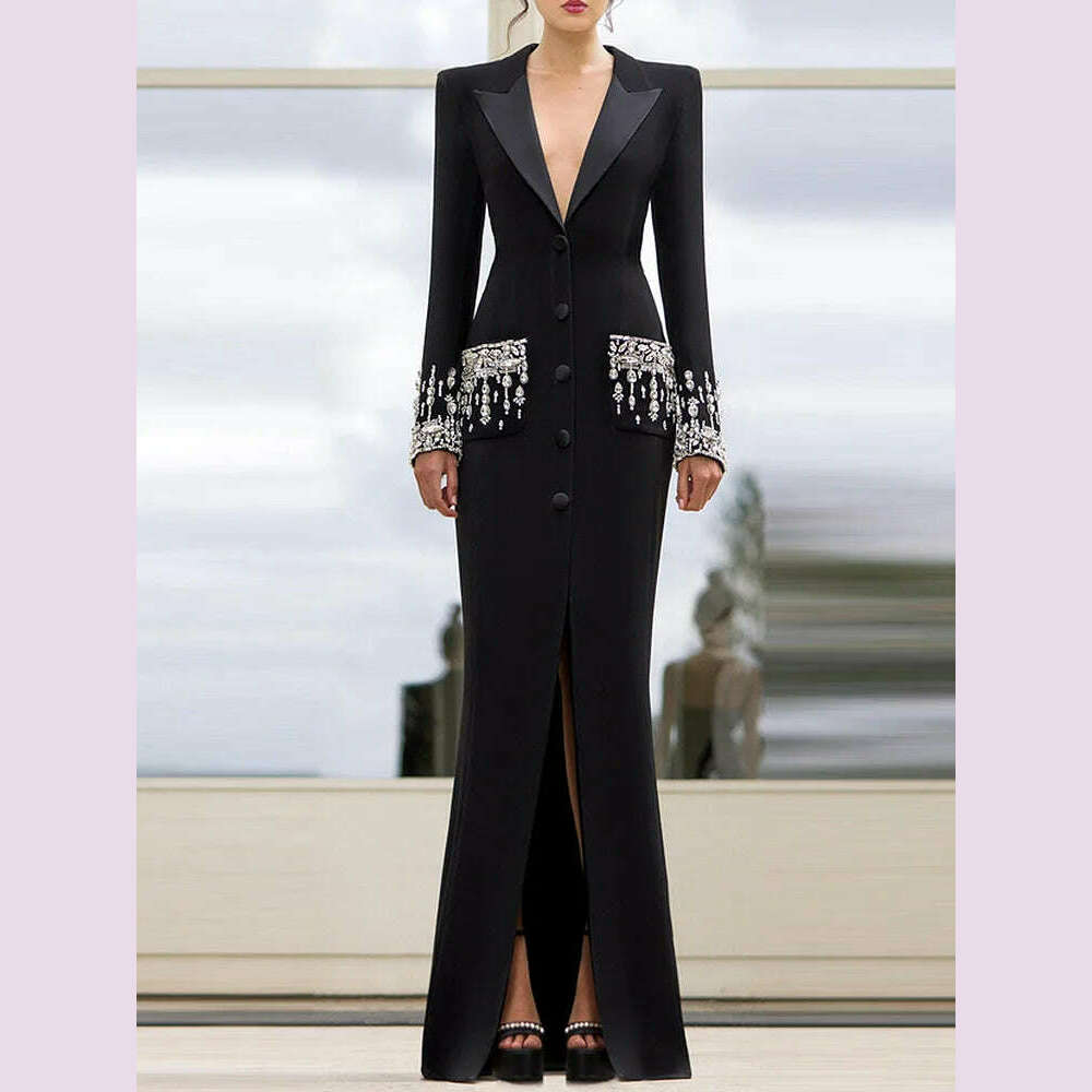 Handmade Studded Diamond Crystal Suit Collar Dress Fish Tail Black Floor Length Suit Collar Maxi Dresses for Women Wedding 2024 - KIMLUD