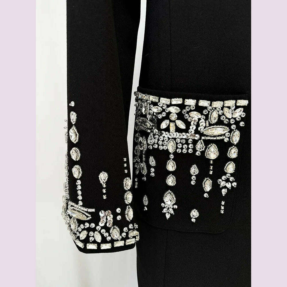 Handmade Studded Diamond Crystal Suit Collar Dress Fish Tail Black Floor Length Suit Collar Maxi Dresses for Women Wedding 2024 - KIMLUD