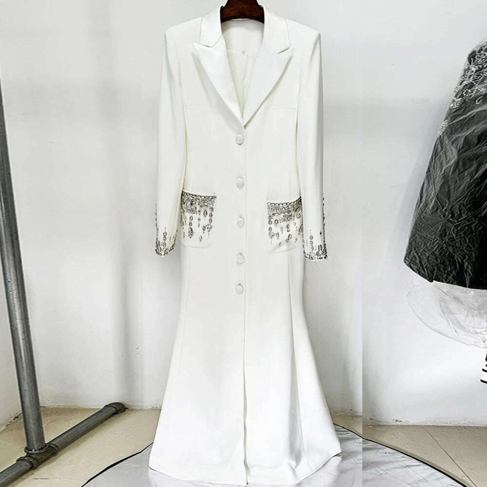 Handmade Studded Diamond Crystal Suit Collar Dress Fish Tail Black Floor Length Suit Collar Maxi Dresses for Women Wedding 2024 - KIMLUD