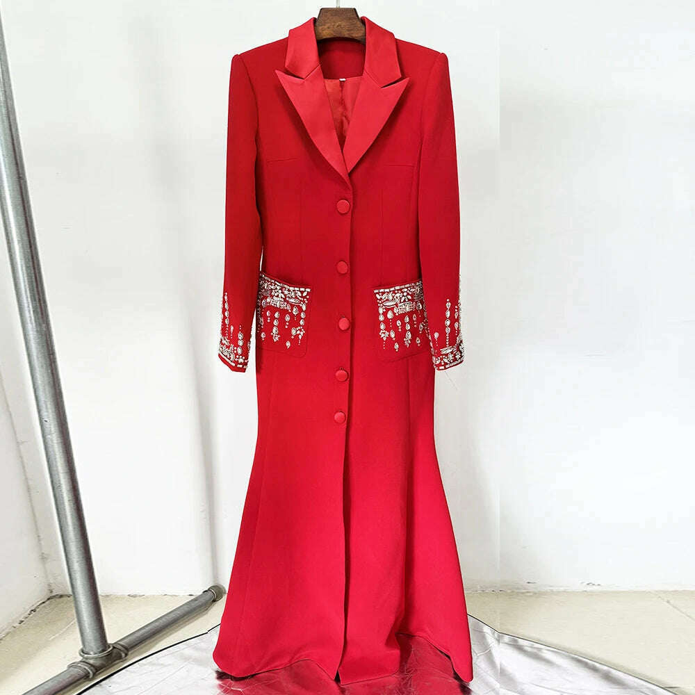 Handmade Studded Diamond Crystal Suit Collar Dress Fish Tail Black Floor Length Suit Collar Maxi Dresses for Women Wedding 2024 - KIMLUD