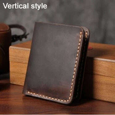 KIMLUD, Handmade Vintage Crazy horse Genuine Leather Men Wallet Men Purse Leather Short Card Wallet for Male Money Clips Money bag, Vertical Coffee, KIMLUD Womens Clothes