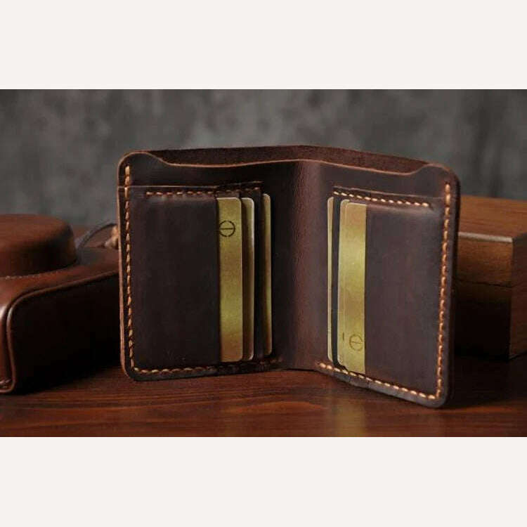 KIMLUD, Handmade Vintage Crazy horse Genuine Leather Men Wallet Men Purse Leather Short Card Wallet for Male Money Clips Money bag, KIMLUD Womens Clothes