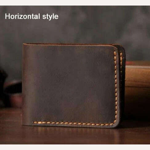 KIMLUD, Handmade Vintage Crazy horse Genuine Leather Men Wallet Men Purse Leather Short Card Wallet for Male Money Clips Money bag, Horizontal Coffee, KIMLUD Womens Clothes