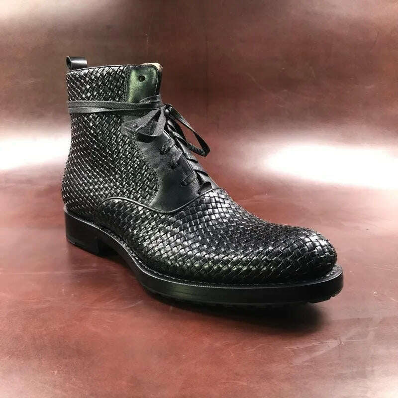 Handmade Weave Cowhide Cowboy Boots Men Vintage Genuine Leather Pointed Toe Motorcycle Bikers Boots Mens Shoes Large Size 37-45 - KIMLUD