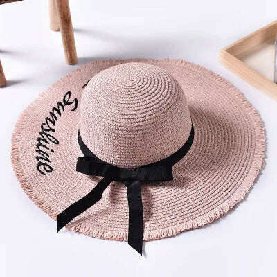 KIMLUD, Handmade Weave letter Sun Hats For Women Black Ribbon Lace Up Large Brim Straw Hat Outdoor Beach hat Summer Caps Chapeu Feminino, KIMLUD Womens ClothesKIMLUD, Handmade Weave letter Sun Hats For Women Black Ribbon Lace Up Large Brim Straw Hat Outdoor Beach hat Summer Caps Chapeu Feminino, 1 / 55-58cm, KIMLUD APPAREL - Womens Clothes