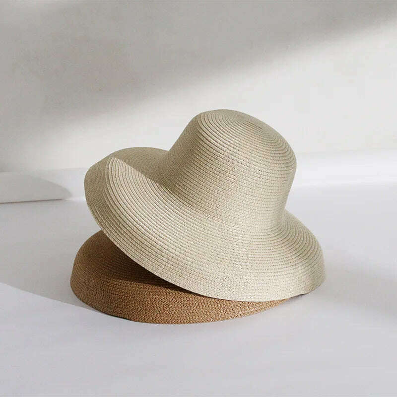 Handmade Women Summer Sun Hat Japanese Hepburn Style Big Eaves Beach Sun Hat Holiday Fold Fisherman Cap Temperament Flat Hat - KIMLUD