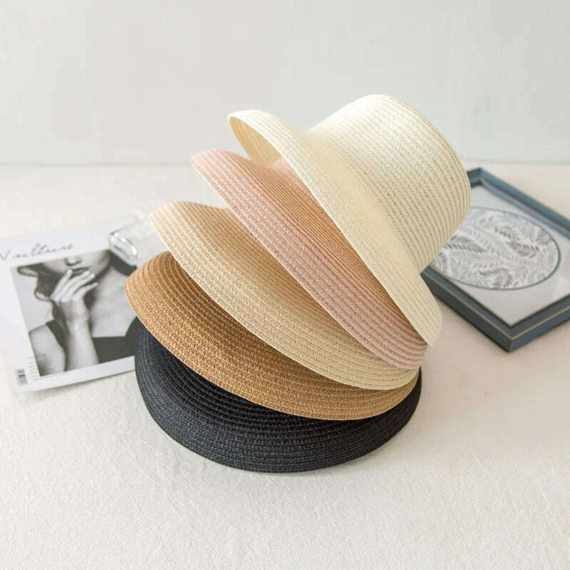 Handmade Women Summer Sun Hat Japanese Hepburn Style Big Eaves Beach Sun Hat Holiday Fold Fisherman Cap Temperament Flat Hat - KIMLUD
