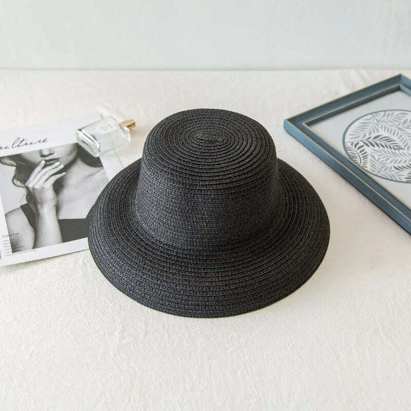 Handmade Women Summer Sun Hat Japanese Hepburn Style Big Eaves Beach Sun Hat Holiday Fold Fisherman Cap Temperament Flat Hat - KIMLUD