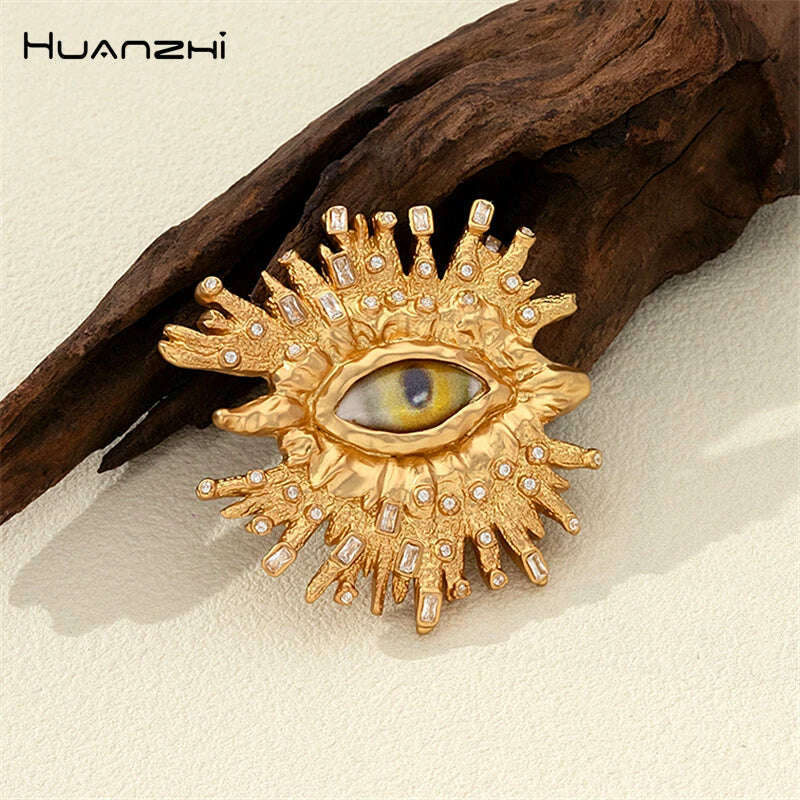 HangZhi Rhinestone Gold Color Eye Big Ring for Women Men Exaggerated Personality Vintage Chunky Y2K Large Jewelry Gifts New In - KIMLUD