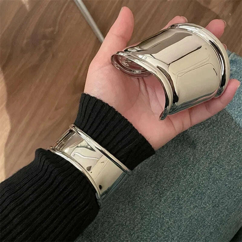 KIMLUD, HangZhi Vintage Exaggerated Wide Irregular Smooth Metal Cuff Bracelet For Women Personality Bangle Jewelry Accessories, KIMLUD Womens Clothes