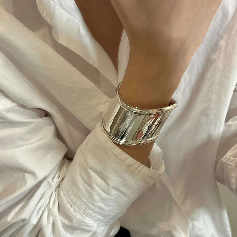 KIMLUD, HangZhi Vintage Exaggerated Wide Irregular Smooth Metal Cuff Bracelet For Women Personality Bangle Jewelry Accessories, KIMLUD Womens Clothes