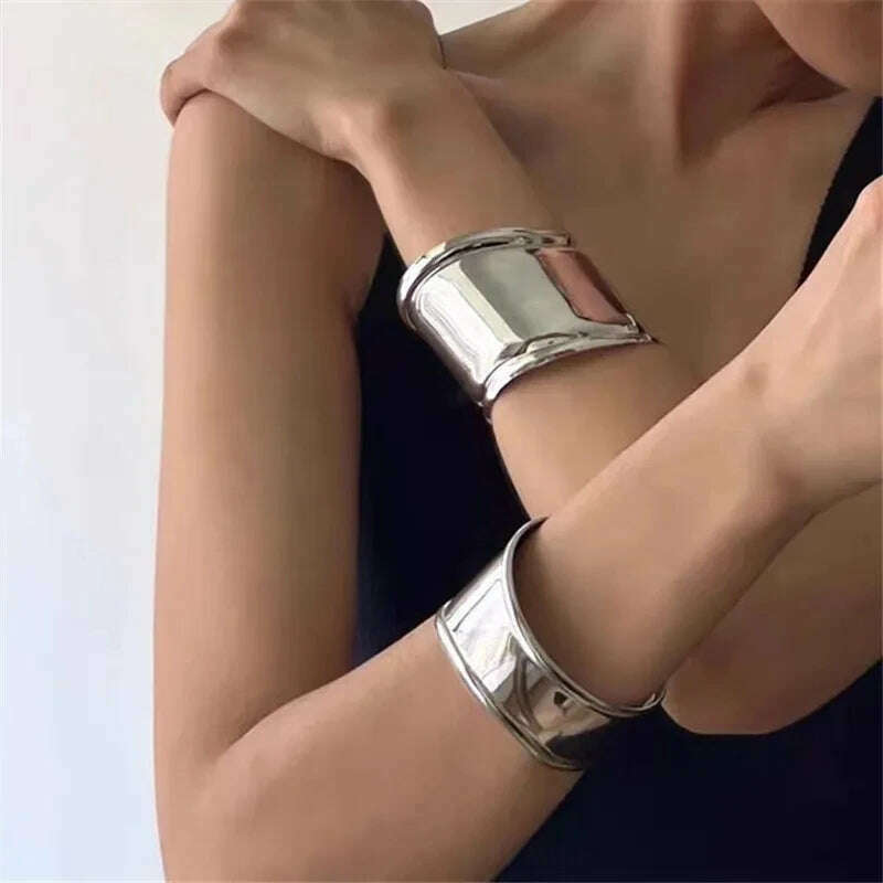 KIMLUD, HangZhi Vintage Exaggerated Wide Irregular Smooth Metal Cuff Bracelet For Women Personality Bangle Jewelry Accessories, KIMLUD Womens Clothes