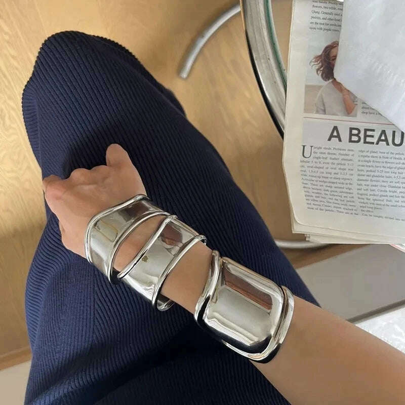 KIMLUD, HangZhi Vintage Exaggerated Wide Irregular Smooth Metal Cuff Bracelet For Women Personality Bangle Jewelry Accessories, KIMLUD Womens Clothes