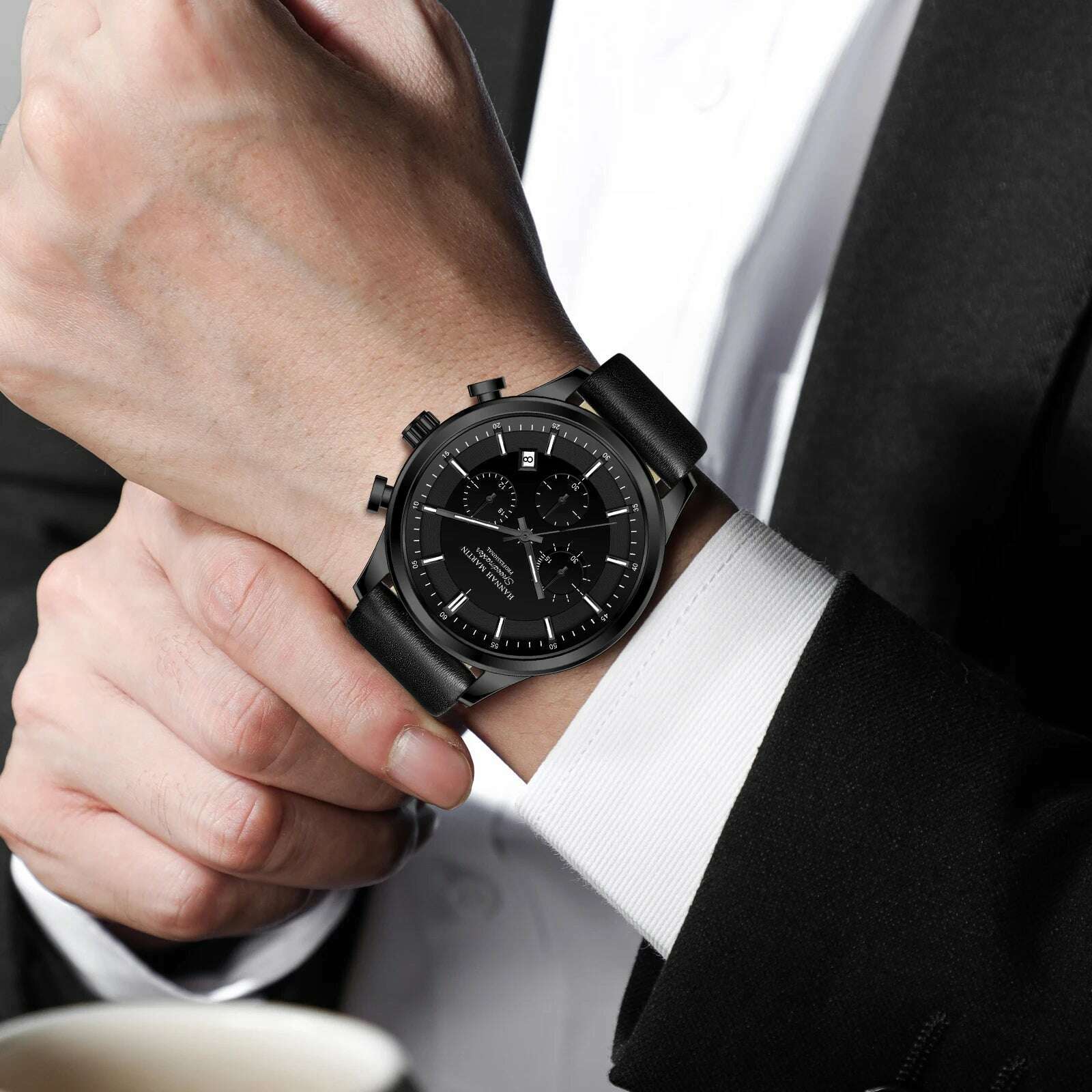 KIMLUD, Hannah Martin Brand Men Watch Multifunctional Timing Dial Casual Sports Leather Original Quartz Movement Business Watch for Men, KIMLUD Womens Clothes