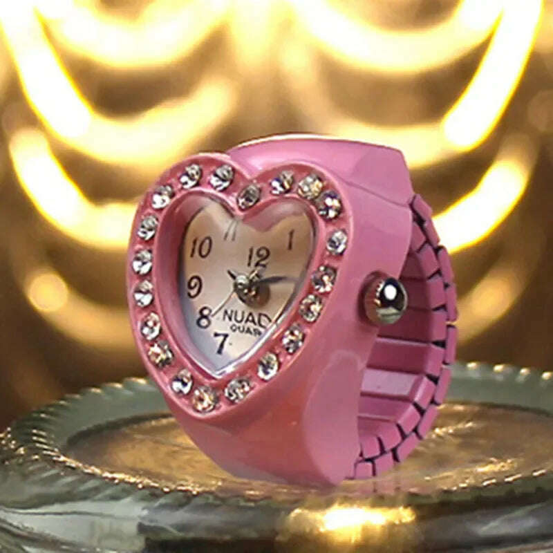 KIMLUD, Harajuku Pink Heart Rhinestone Mini Finger Watch Ring for Women Fun Cute Sweet Trend Girly Ring Vintage Aesthetics Jewelry Gift, Pink B, KIMLUD APPAREL - Womens Clothes