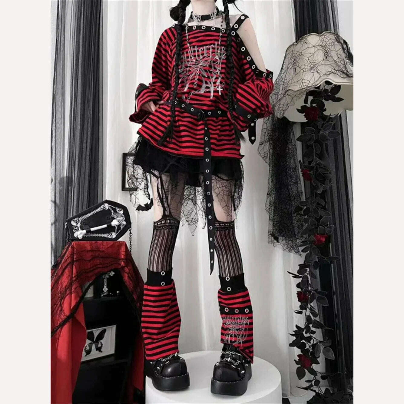 Harajuku Punk Striped Print T Shirts Y2k Gothic Girls Off Shoulder Blue Red Loose Butterfly Letter 2000s Subculture Grunge Tees - KIMLUD