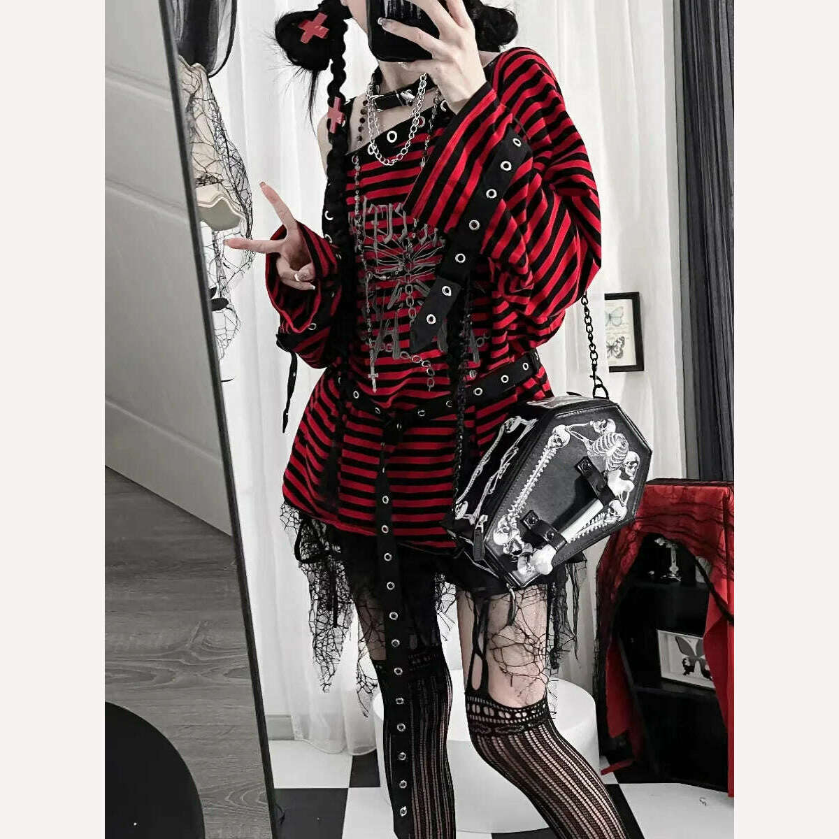 Harajuku Punk Striped Print T Shirts Y2k Gothic Girls Off Shoulder Blue Red Loose Butterfly Letter 2000s Subculture Grunge Tees - KIMLUD