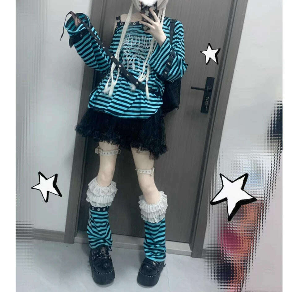Harajuku Punk Striped Print T Shirts Y2k Gothic Girls Off Shoulder Blue Red Loose Butterfly Letter 2000s Subculture Grunge Tees - KIMLUD