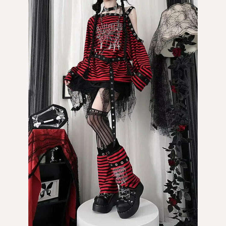 Harajuku Punk Striped Print T Shirts Y2k Gothic Girls Off Shoulder Blue Red Loose Butterfly Letter 2000s Subculture Grunge Tees - KIMLUD
