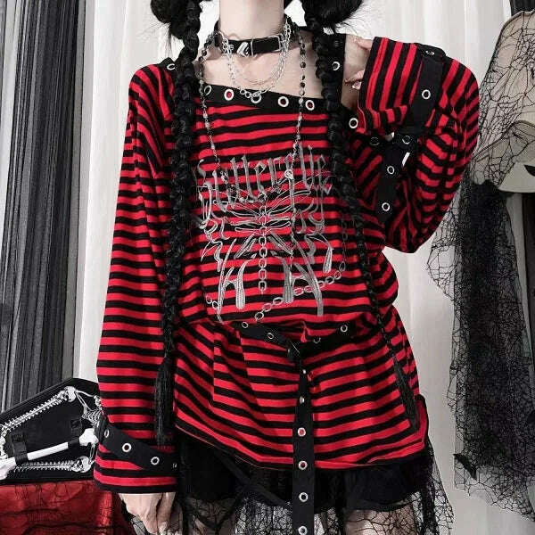 Harajuku Punk Striped Print T Shirts Y2k Gothic Girls Off Shoulder Blue Red Loose Butterfly Letter 2000s Subculture Grunge Tees - KIMLUD