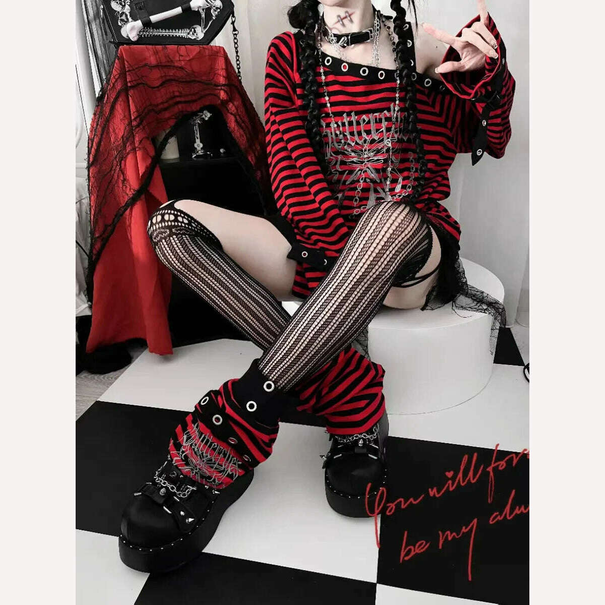 Harajuku Punk Striped Print T Shirts Y2k Gothic Girls Off Shoulder Blue Red Loose Butterfly Letter 2000s Subculture Grunge Tees - KIMLUD